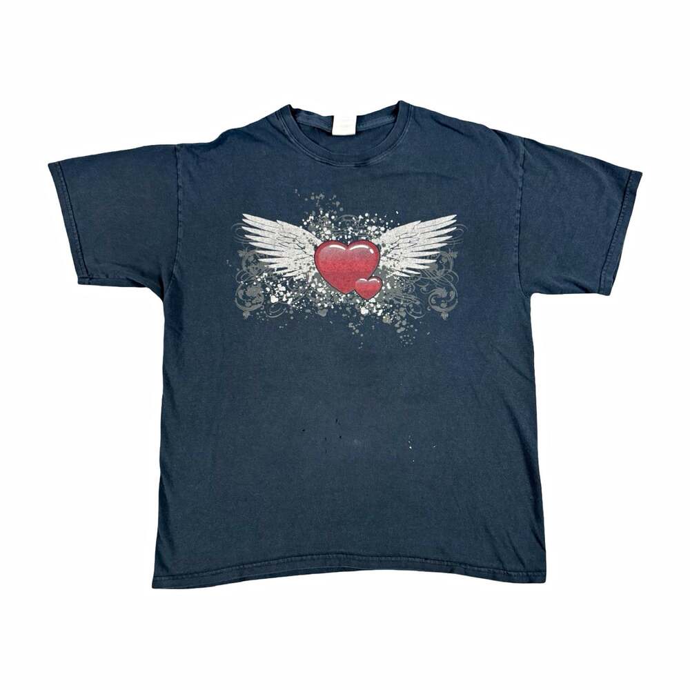 Vintage Y2K Winged Heart Graphic T Shirt Size L Faded Black Crew Neck Tee